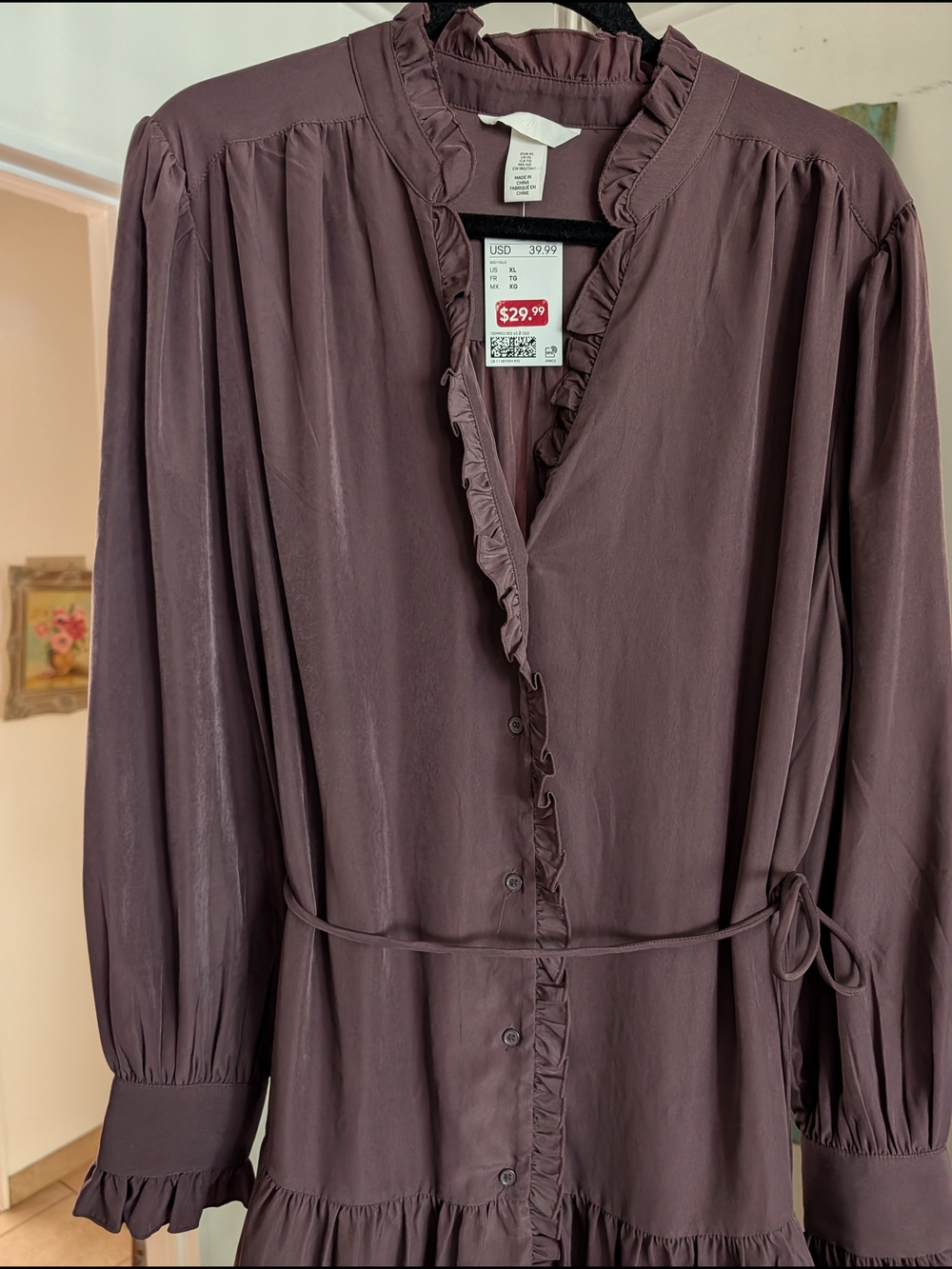 Cato Ruffle-Trim Long Sleeve Dress in Dusty Mauve Silk Type Fabric